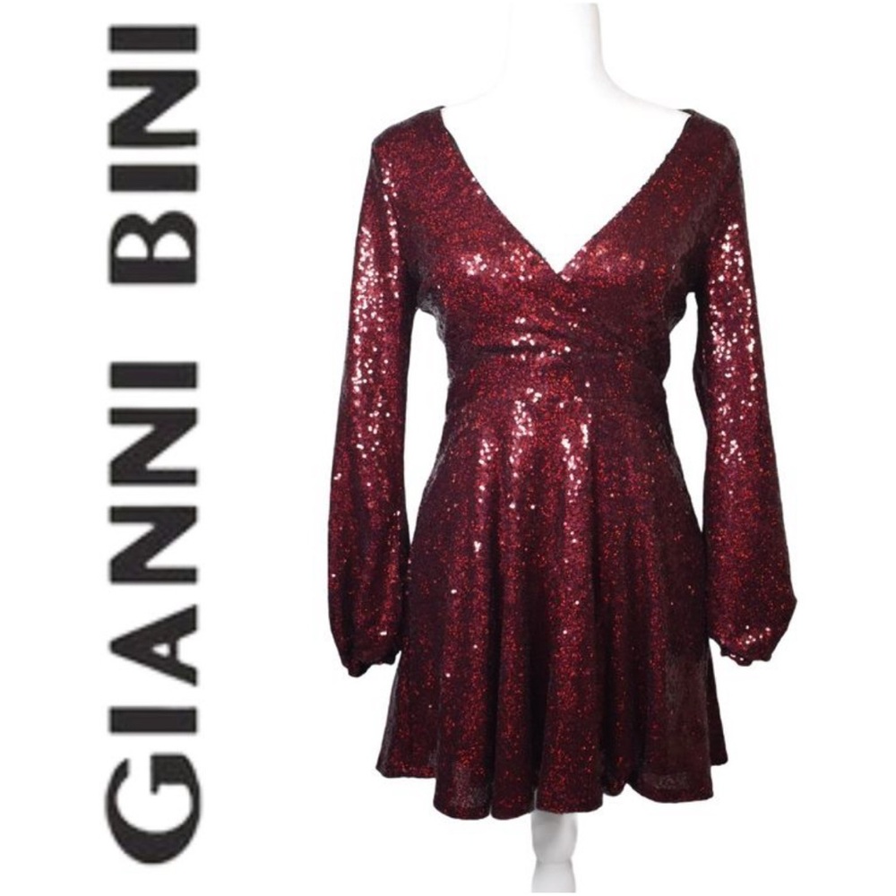 Gianni Bini Red Marooon Sequin Long Sleeve Party Mini Dress